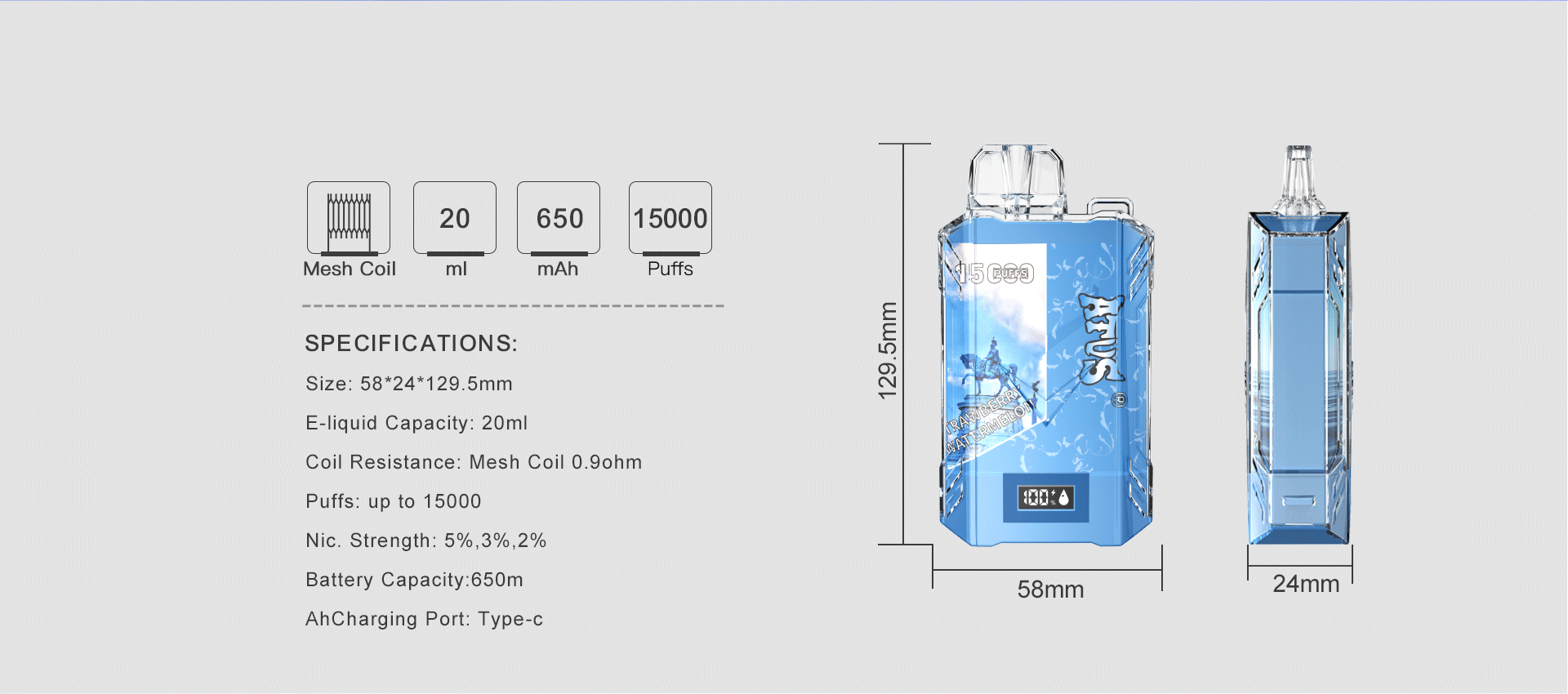DE017 15000 Puffs Disposable Vape with LED display screen and adjustable airflow rechargeable ATVS Vape