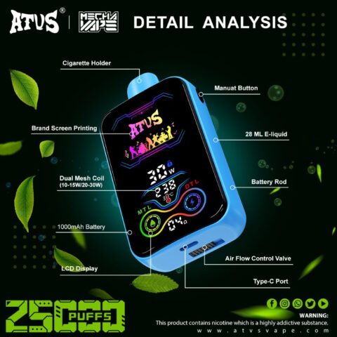 DE022 25000 Puffs Disposable Vape with Full screen rechargeable and adjustable airflow ATVS Vape