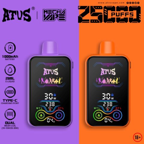 DE022 25000 Puffs Disposable Vape with Full screen rechargeable and adjustable airflow ATVS Vape