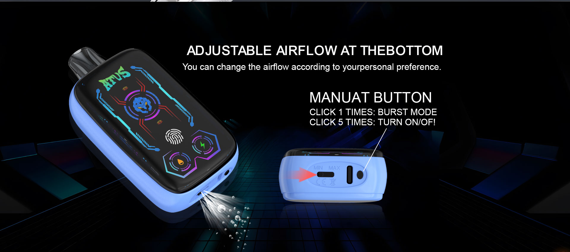 DE023 40000 Puffs Disposable Vape with Full screen rechargeable and adjustable airflow ATVS Vape