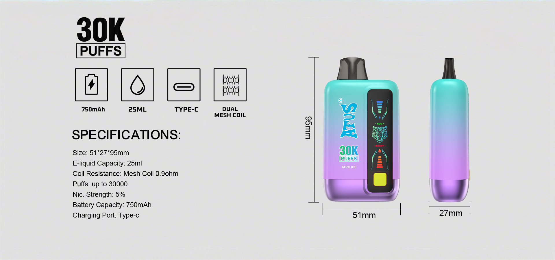 DE026 30000 Puffs Disposable Vape with LED display screen and adjustable airflow ATVS Vape